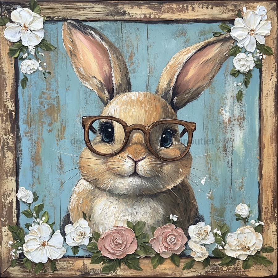 Easter Sign, Bunny in Glasses,, DCO-12659, Sign For Wreath, 10x10" Metal Sign