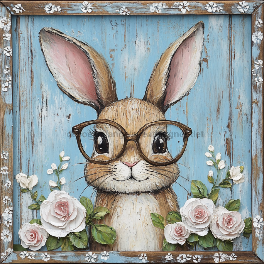 Easter Sign, Bunny in Glasses,, DCO-12660, Sign For Wreath, 10x10" Metal Sign
