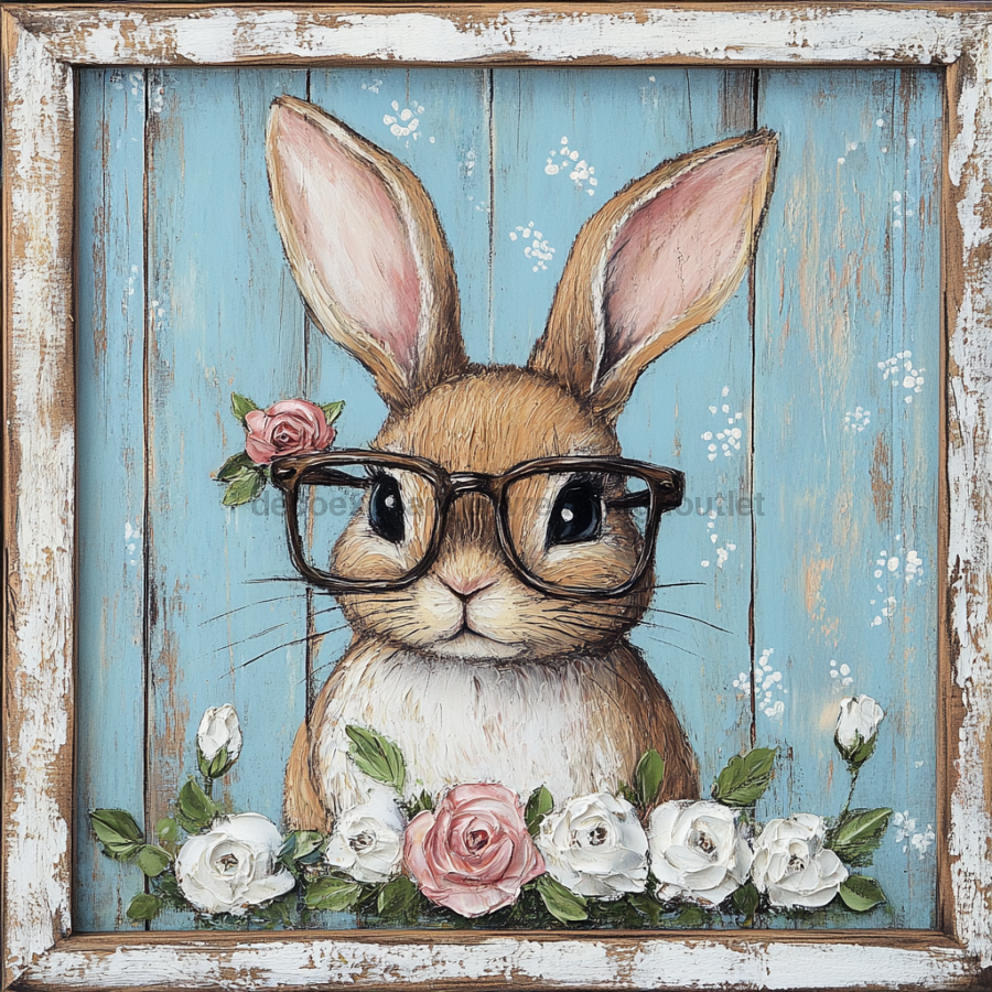 Easter Sign, Bunny in Glasses,, DCO-12661, Sign For Wreath, 10x10" Metal Sign