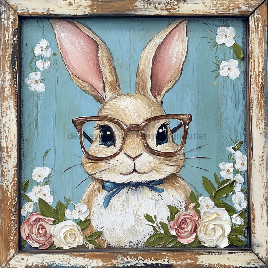 Easter Sign, Bunny in Glasses,, DCO-12663, Sign For Wreath, 10x10" Metal Sign