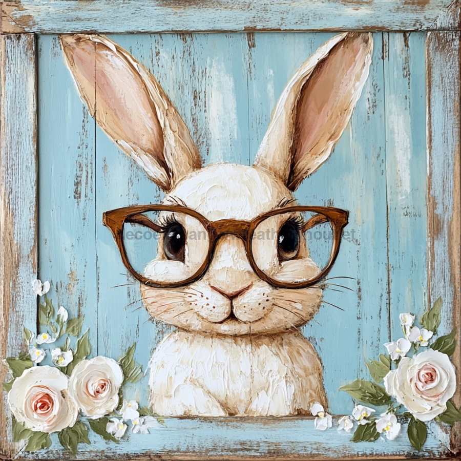Easter Sign, Bunny in Glasses,, DCO-12666, Sign For Wreath, 10x10" Metal Sign