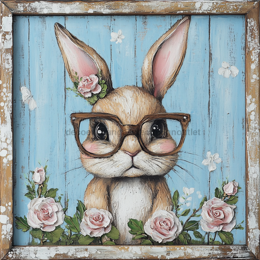 Easter Sign, Bunny in Glasses,, DCO-12667, Sign For Wreath, 10x10" Metal Sign