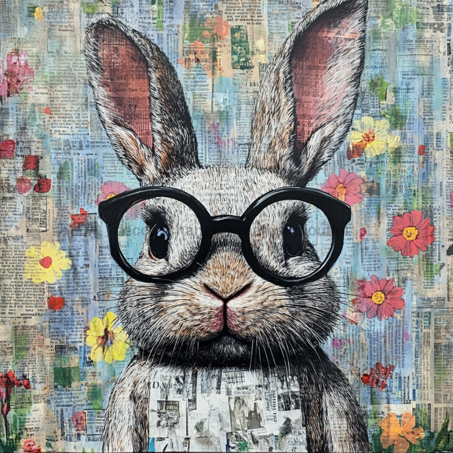 Easter Sign, Bunny in Glasses,, DCO-12804, Sign For Wreath, 10x10" Metal Sign
