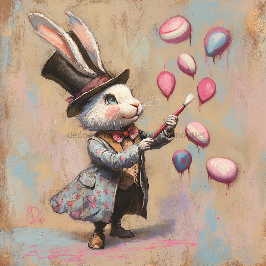 Easter Sign, Bunny in Hat,, DCO-12687, Sign For Wreath, 10x10" Metal Sign