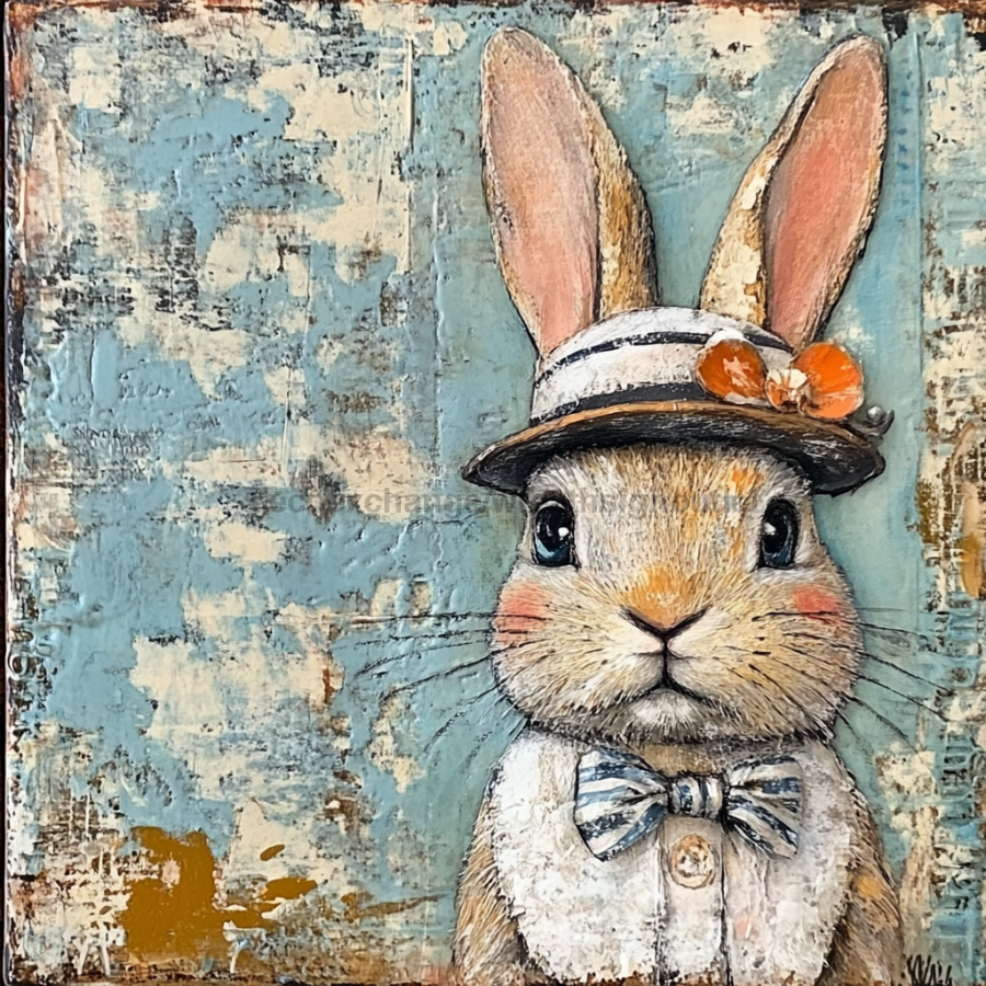 Easter Sign, Bunny in Hat,, DCO-12698, Sign For Wreath, 10x10" Metal Sign