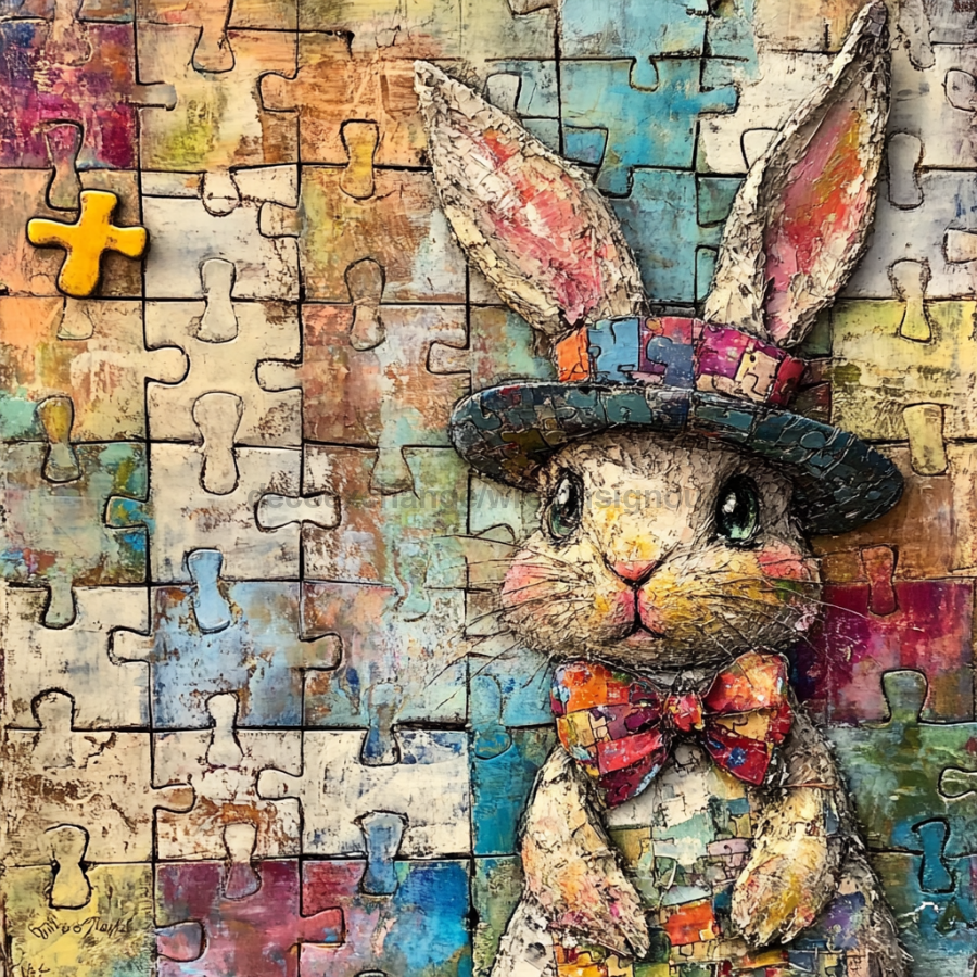 Easter Sign, Bunny in Hat,, DCO-12699, Sign For Wreath, 10x10" Metal Sign