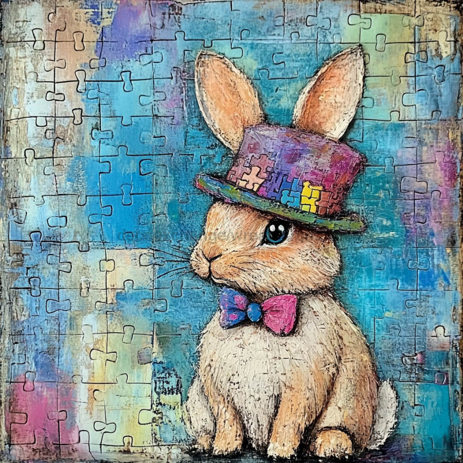 Easter Sign, Bunny in Hat,, DCO-12701, Sign For Wreath, 10x10" Metal Sign