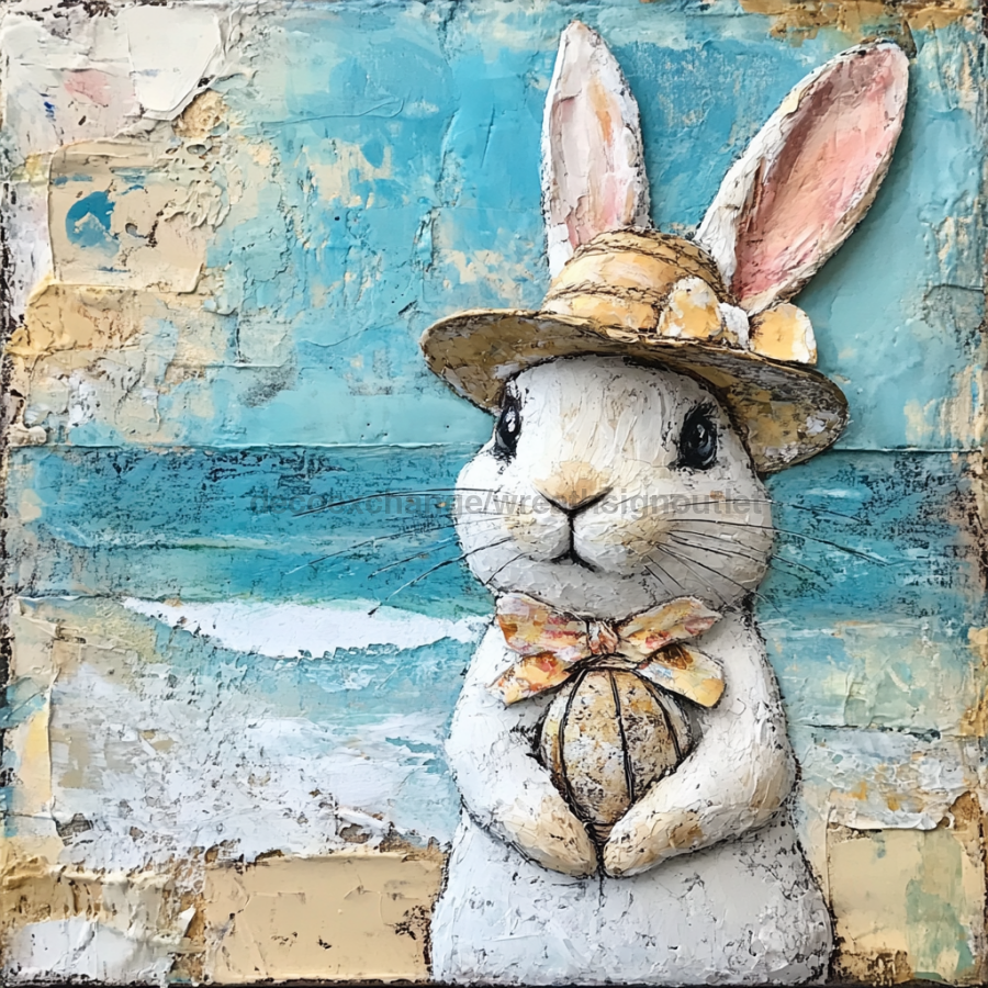 Easter Sign, Bunny in Hat,, DCO-12702, Sign For Wreath, 10x10" Metal Sign