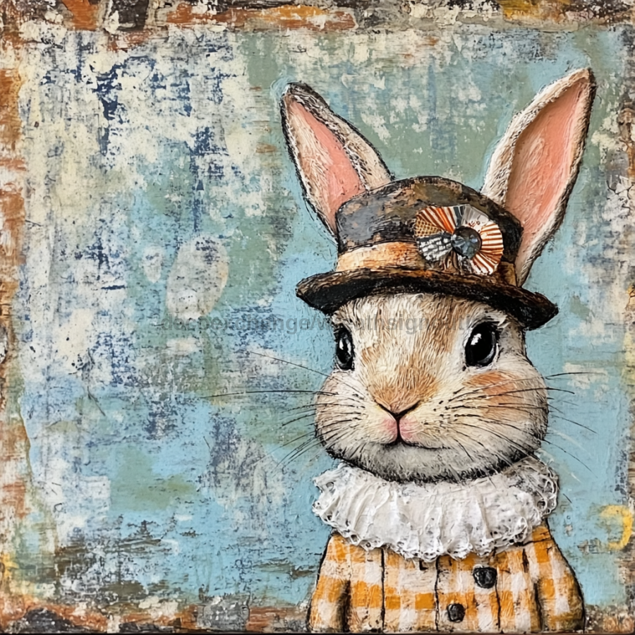 Easter Sign, Bunny in Hat,, DCO-12705, Sign For Wreath, 10x10" Metal Sign