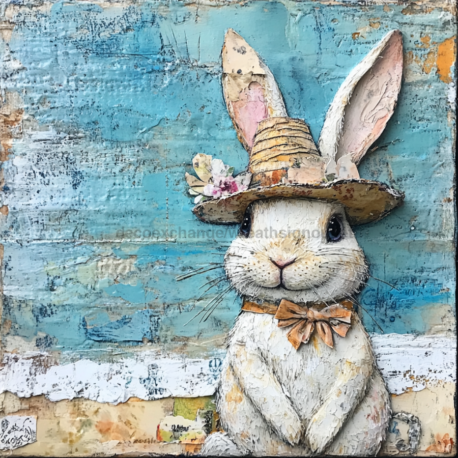 Easter Sign, Bunny in Hat,, DCO-12707, Sign For Wreath, 10x10" Metal Sign