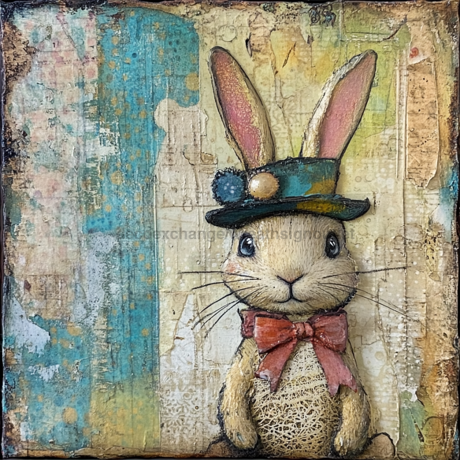 Easter Sign, Bunny in Hat,, DCO-12708, Sign For Wreath, 10x10" Metal Sign