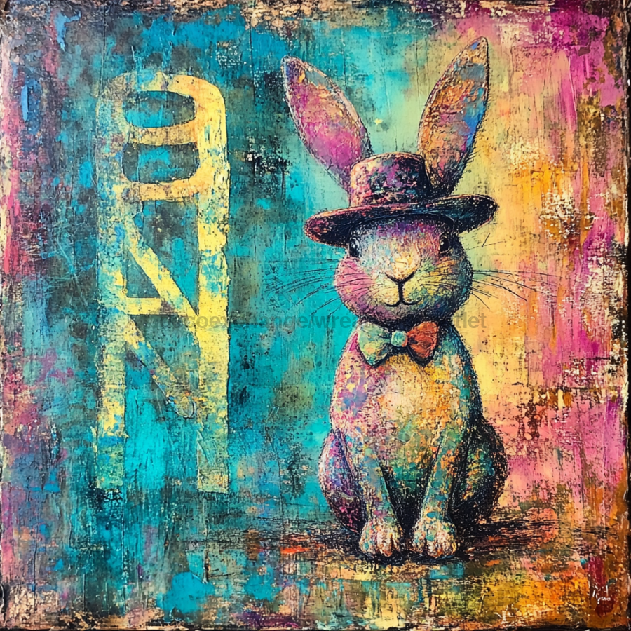 Easter Sign, Bunny in Hat,, DCO-12711, Sign For Wreath, 10x10" Metal Sign