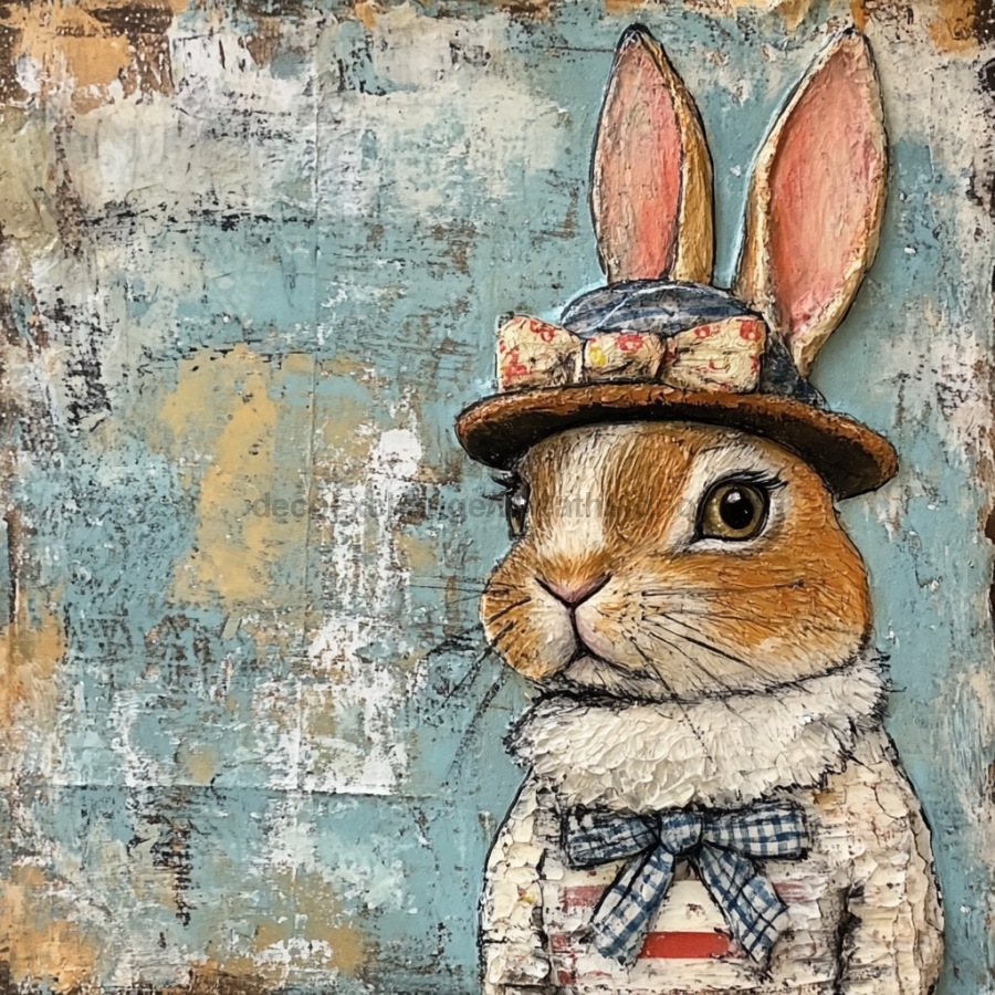 Easter Sign, Bunny in Hat,, DCO-12723, Sign For Wreath, 10x10" Metal Sign