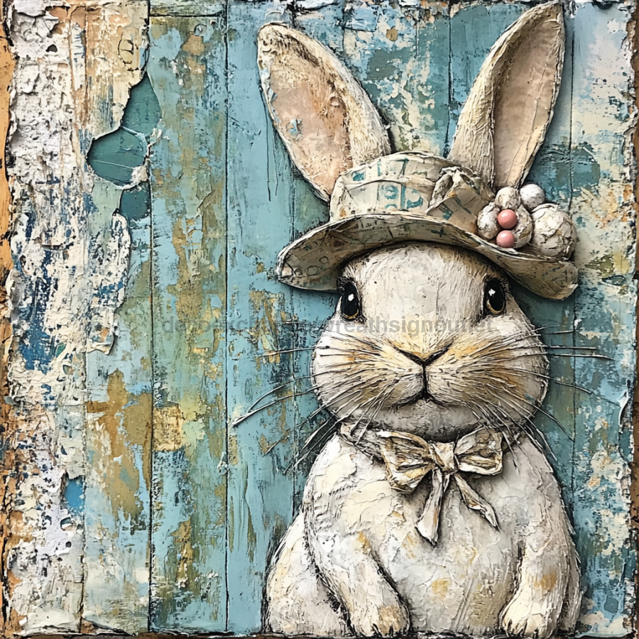 Easter Sign, Bunny in Hat,, DCO-12725, Sign For Wreath, 10x10" Metal Sign