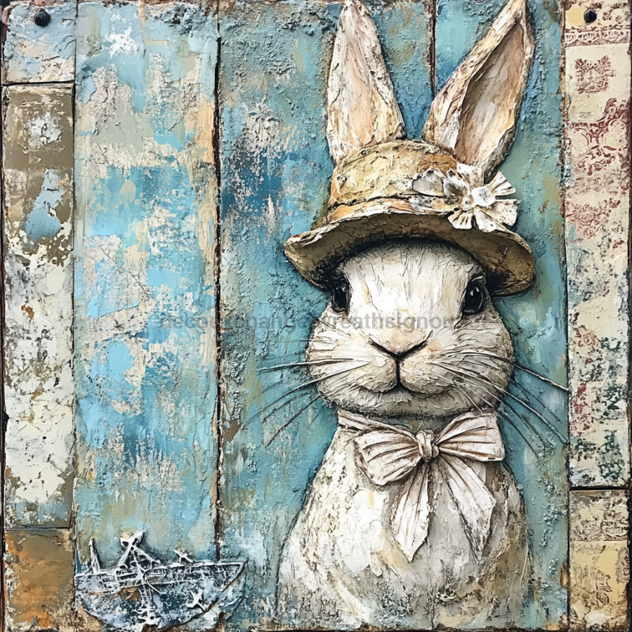 Easter Sign, Bunny in Hat,, DCO-12732, Sign For Wreath, 10x10" Metal Sign