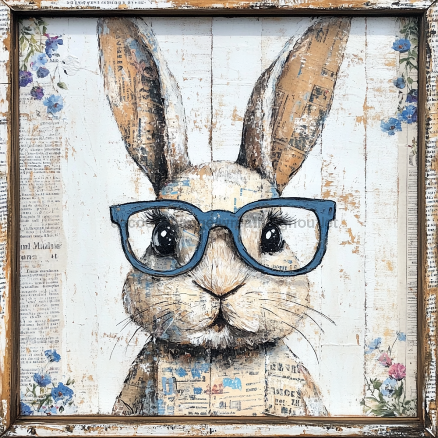 Easter Sign, Bunny with Glasses, DCO-12909, Sign For Wreath, 10x10" Metal Sign
