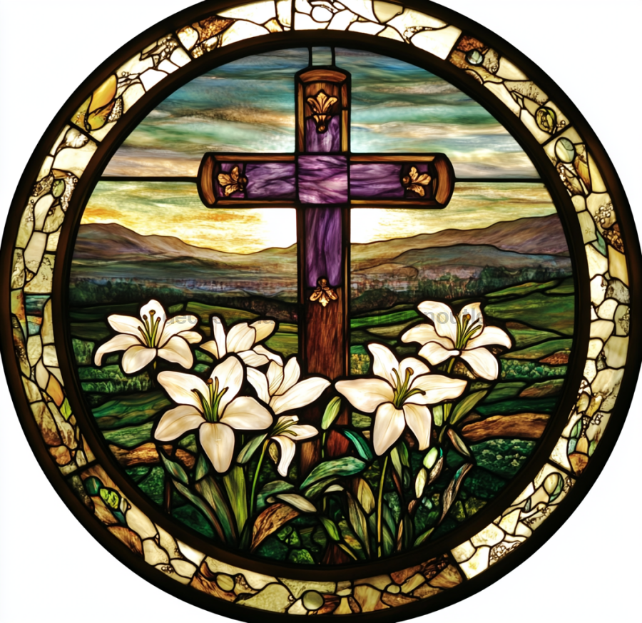 Easter Sign, Stained Glass Religious Sign, DCO-12914, Sign For Wreath, 10x10" Metal Sign