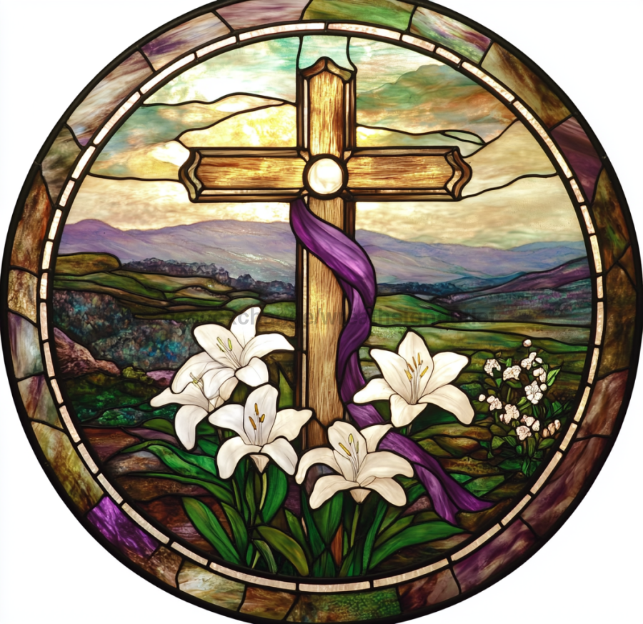 Easter Sign, Stained Glass Religious Sign, DCO-12915, Sign For Wreath, 10x10" Metal Sign