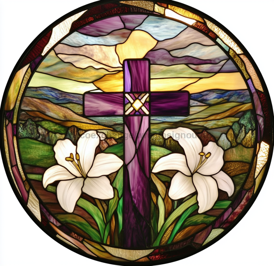 Easter Sign, Stained Glass Religious Sign, DCO-12916, Sign For Wreath, 10x10" Metal Sign