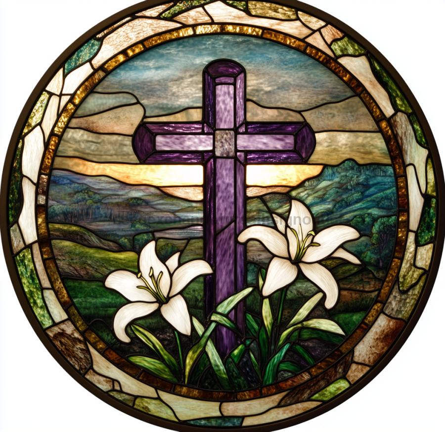 Easter Sign, Stained Glass Religious Sign, DCO-12919, Sign For Wreath, 10x10" Metal Sign