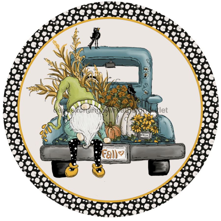 Wreath Sign, Fall Gnome Back of Blue Truck 10" Round Metal Sign DECOE-067, DecoExchange, Sign For Wreaths - DecoExchange