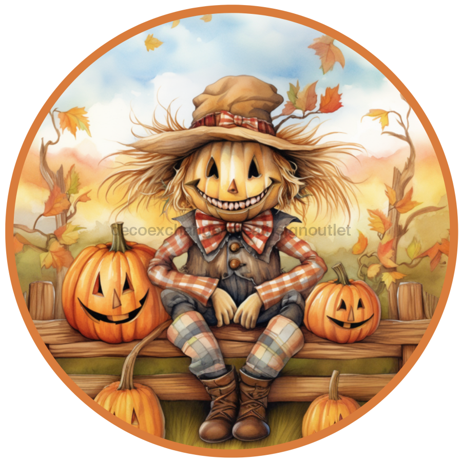 Fall Sign, Scarecrow Sign, DCO-00494, Sign For Wreath, 10" Round Metal Sign - DecoExchange®