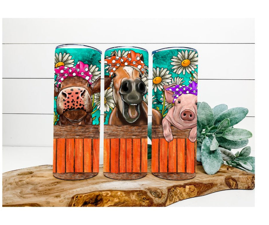 Farm Animals Tumbler, Cow, Horse and Pig Tumbler 20 oz Skinny Tumbler - DECOETUMBLER-253