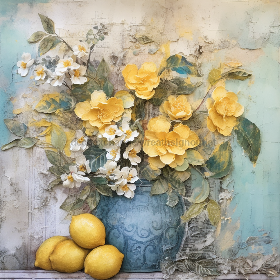 Floral Lemon 10x10" Metal Wreath Sign - OAW-0041