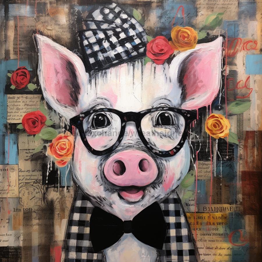 Floral Pig 10x10" Metal Wreath Sign - OAW-0063