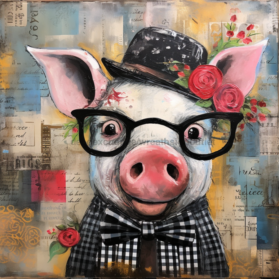 Floral Pig 10x10" Metal Wreath Sign - OAW-0064