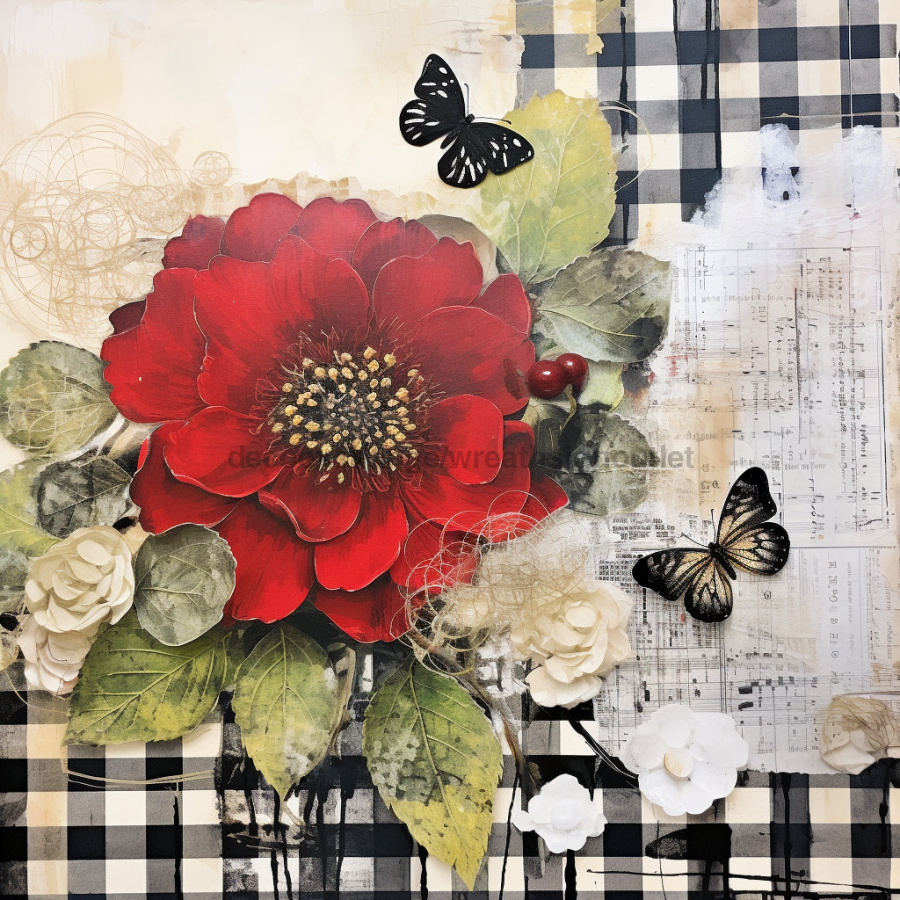 Floral Red Flowers 10x10" Metal Wreath Sign - OAW-0037