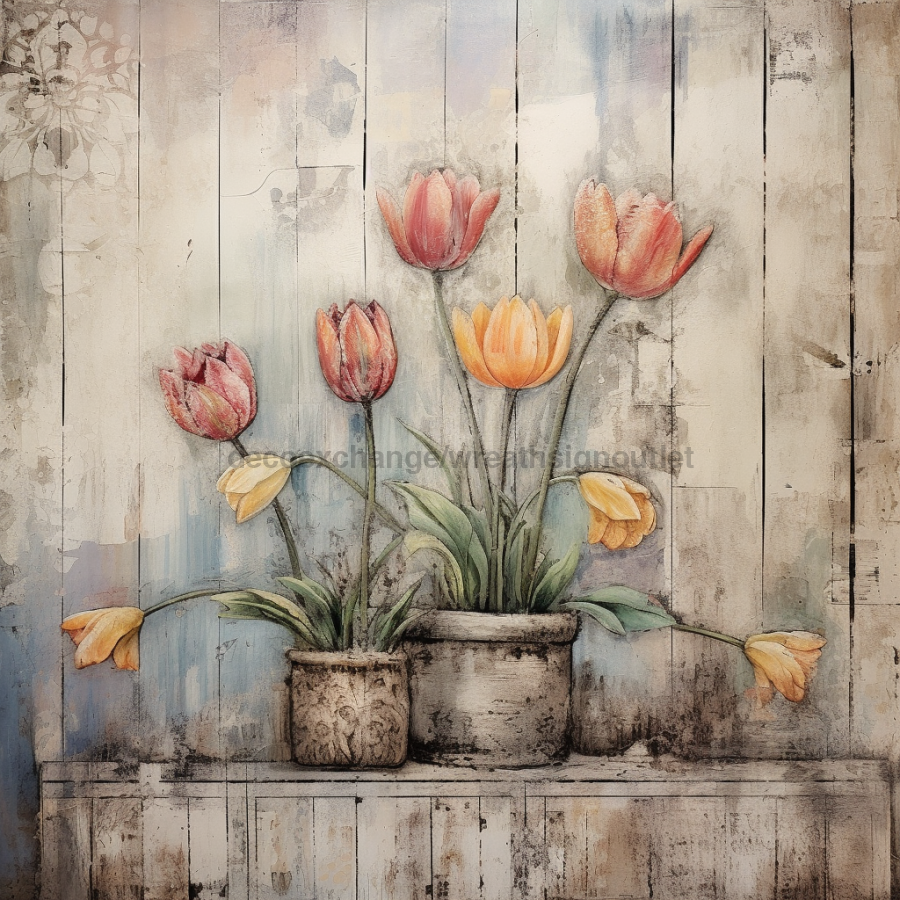 Floral Tulips 10x10" Metal Wreath Sign - OAW-0110