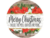 Thumbnail for Funny Christmas Door Hanger Feral Kids Wood Grain Decoe-2652 Round Sign 18