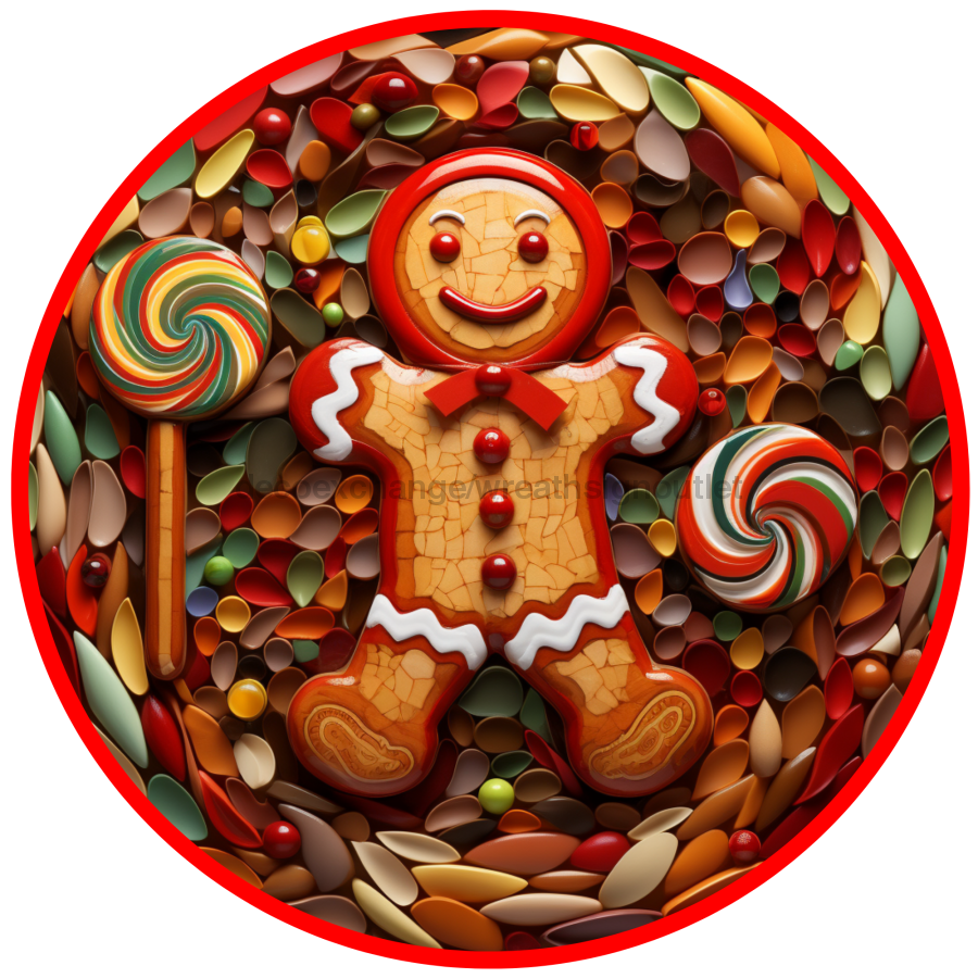 Gingerbread Sign, Christmas Sign, DCO-00504, Sign For Wreath, 10" Round Metal Sign - DecoExchange®