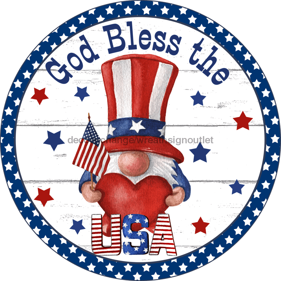 Vinyl Decal, God Bless The USA Gnome, Patriotic Sign, 10" Round Metal Sign VINYL-DECOE-256, Sign For Wreath, DecoExchange - DecoExchange