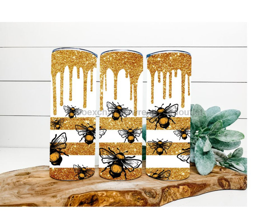 Gold and White Striped Tumbler, Bees and Honey Tumbler 20 oz Skinny Tumbler - DECOETUMBLER-222
