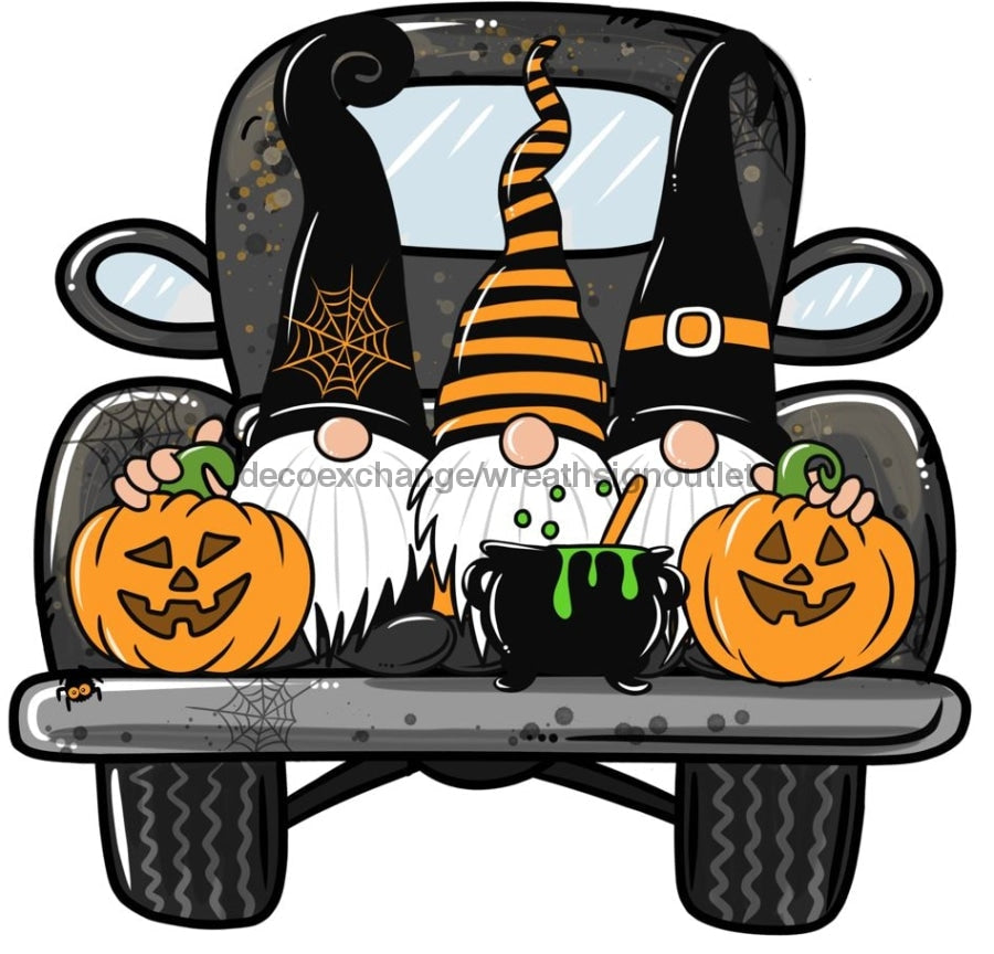 Halloween Gnome Truck, wood sign, DECOE-W-010 wreath size wood, wood wreath sign, halloween