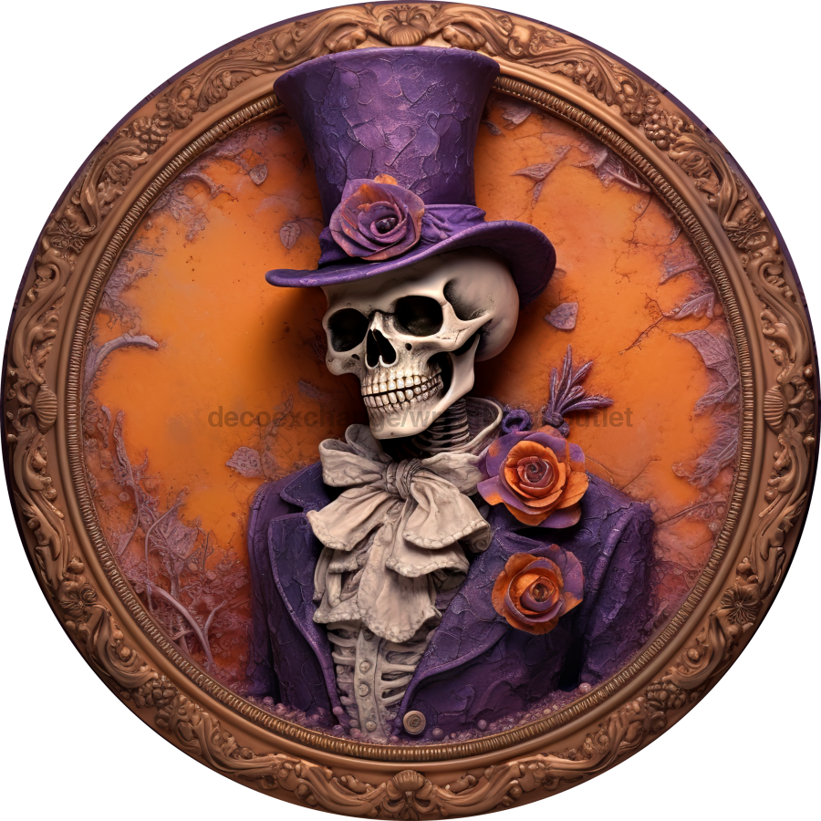 Halloween 3D looking Skeleton 10" Metal Wreath Sign - DECOE-4605