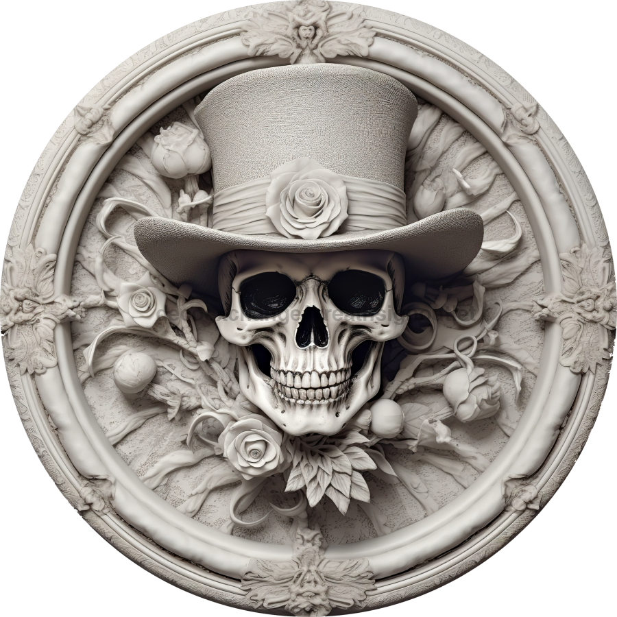 Halloween 3D looking Skeleton 8" Metal Wreath Sign - DECOE-4607-B