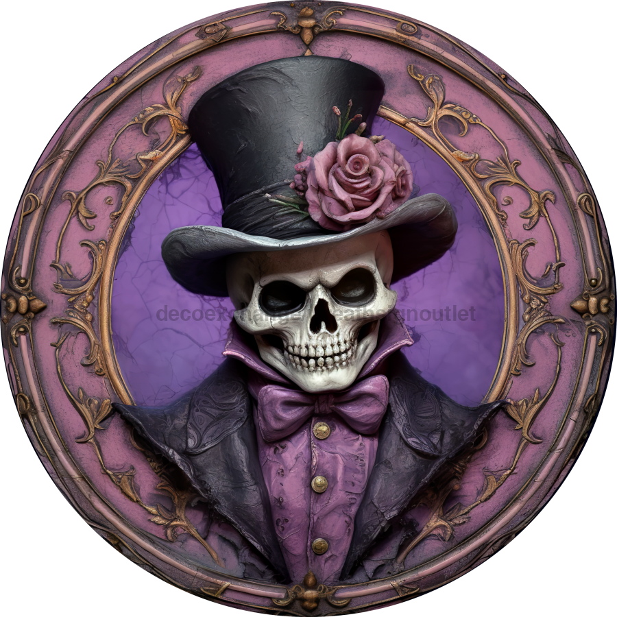 Halloween 3D looking Skeleton 8" Metal Wreath Sign - DECOE-4608-B