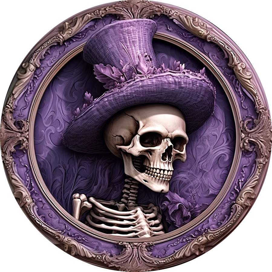 Halloween 3D looking Skeleton 8" Metal Wreath Sign - DECOE-4610-B