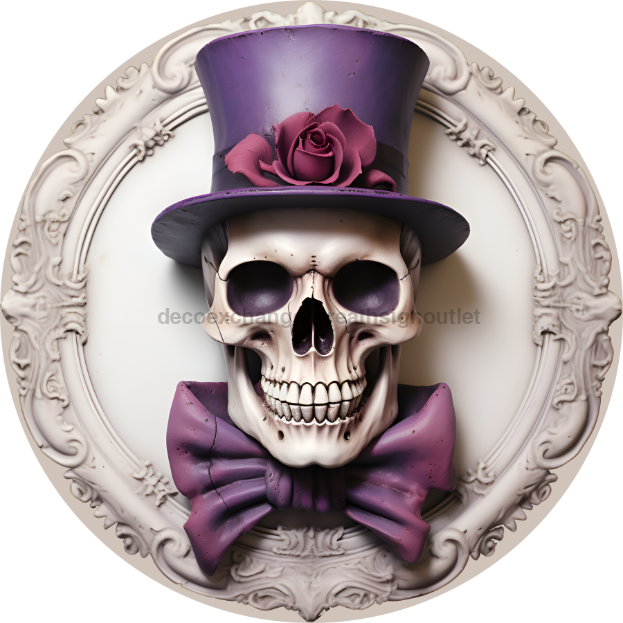 Halloween 3D looking Skeleton 10" Metal Wreath Sign - DECOE-4645