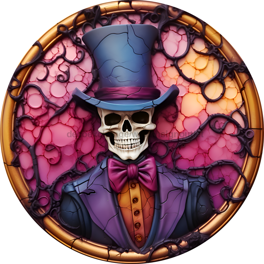Halloween 3D looking Skeleton 10" Metal Wreath Sign - DECOE-4647