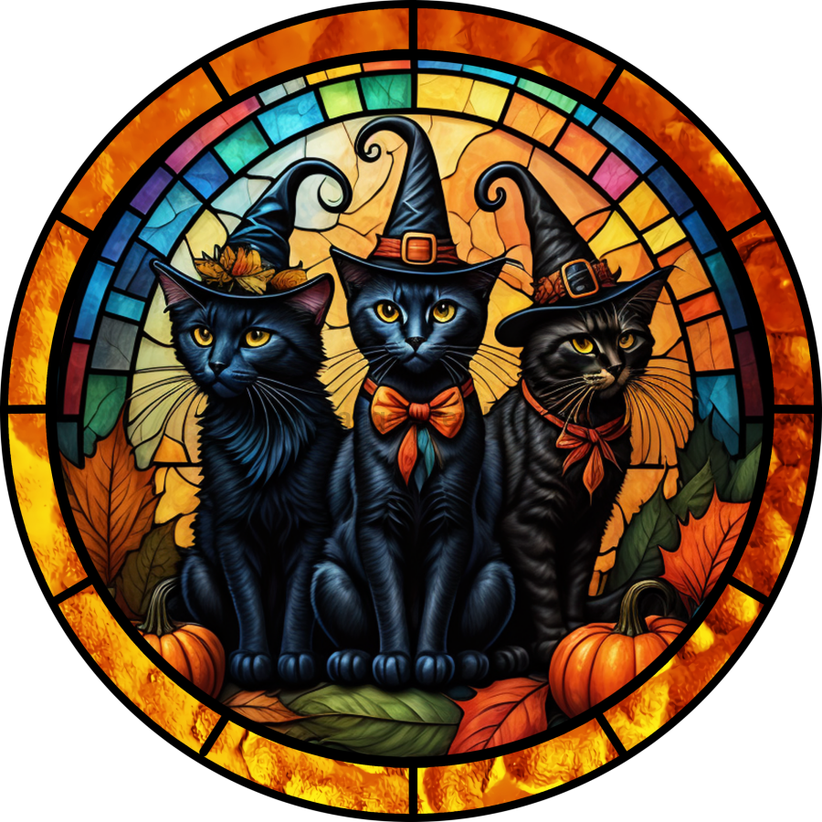 Halloween Cat Stained Glass 18" Wood Door Hanger - DECOE-4600-DH