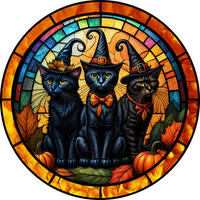 Thumbnail for Halloween Cat Stained Glass 10" Metal Wreath Sign - DECOE-4600