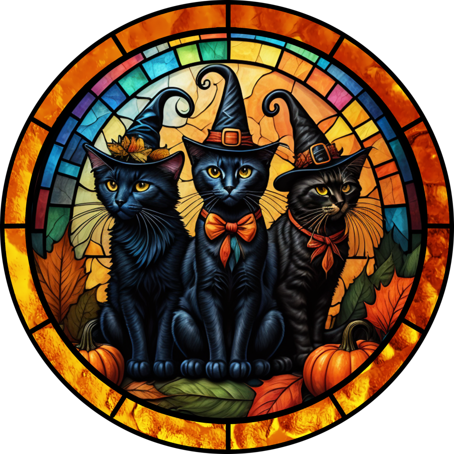 Halloween Cat Stained Glass 8" Metal Wreath Sign - DECOE-4600-B
