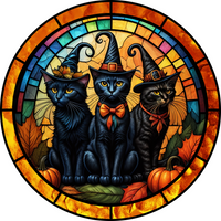 Thumbnail for Halloween Cat Stained Glass 8" Metal Wreath Sign - DECOE-4600-B