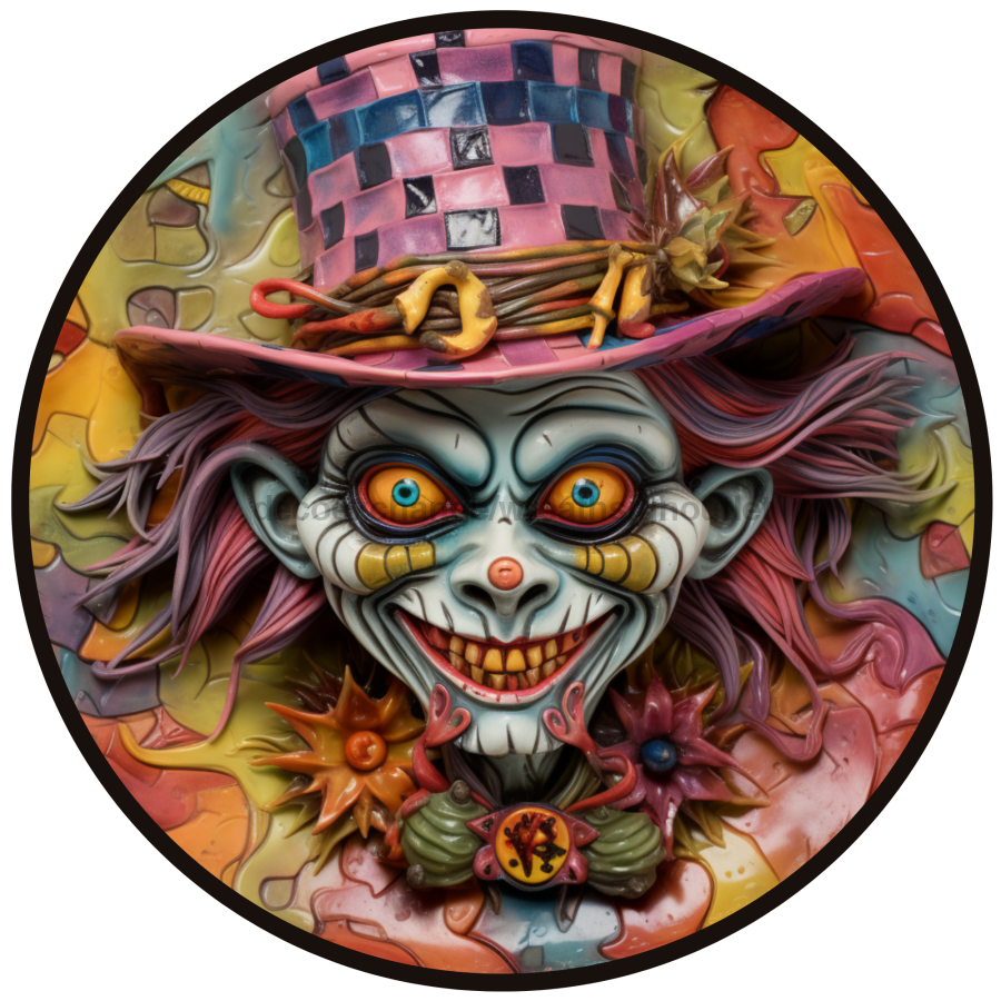 Halloween Sign, Creepy Clown Sign, 3D Halloween, DCO-00478, Sign For Wreath, 10" Round Metal Sign - DecoExchange®