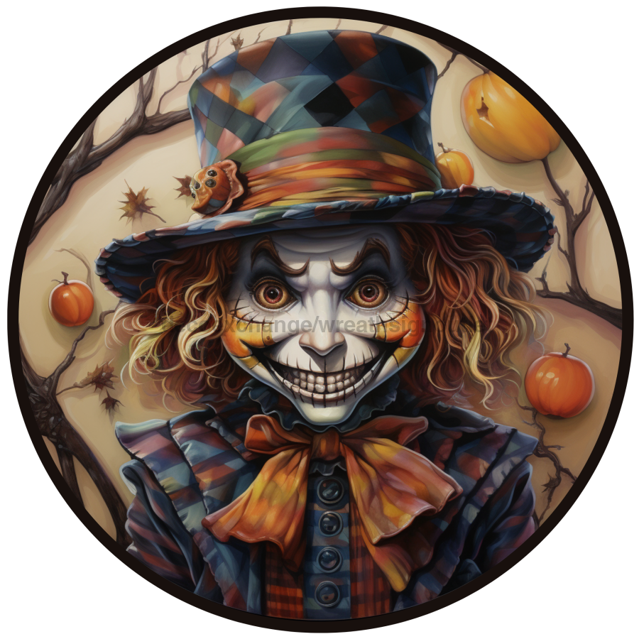 Halloween Sign, Creepy Clown Sign, 3D Halloween, DCO-00480, Sign For Wreath, 10" Round Metal Sign - DecoExchange®