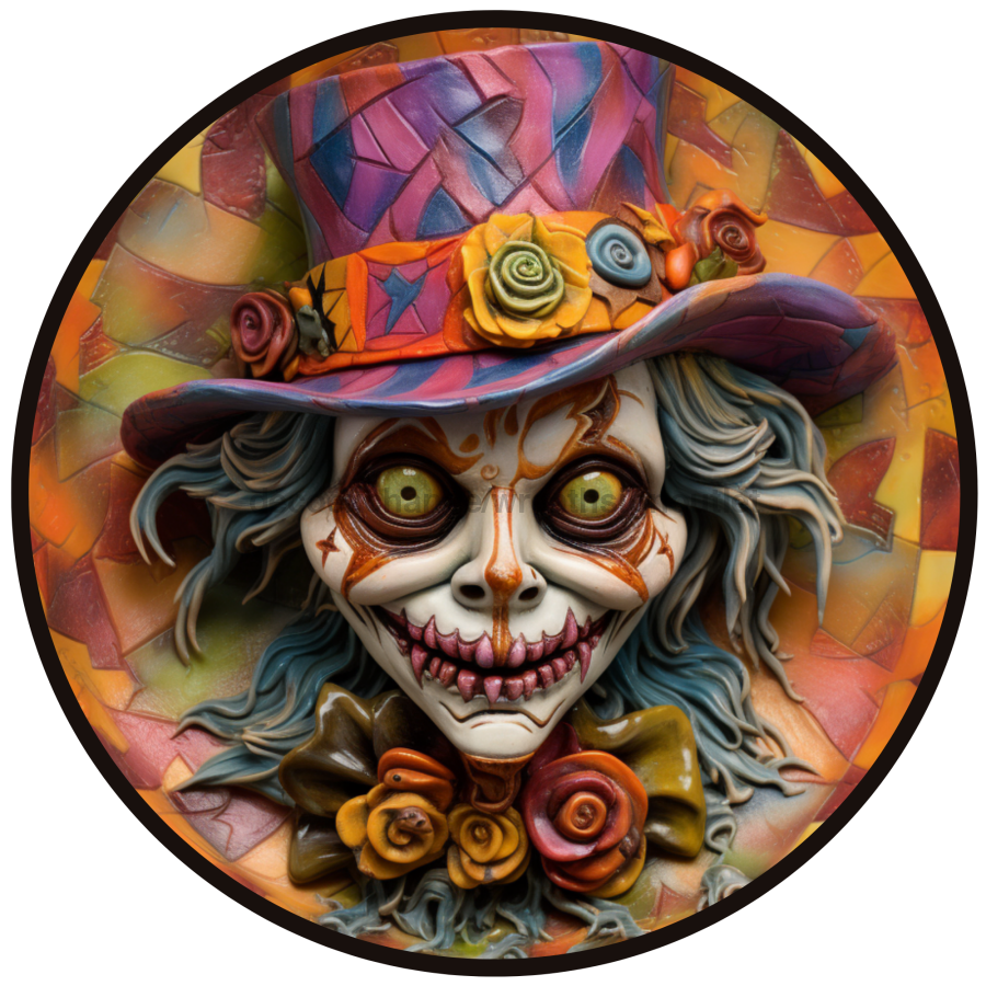 Halloween Sign, Creepy Clown Sign, 3D Halloween, DCO-00485, Sign For Wreath, 10" Round Metal Sign - DecoExchange®